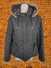 Womens Witchery Size Medium Black Box Quilted Coat Jacket Hood Fur Trim Padded