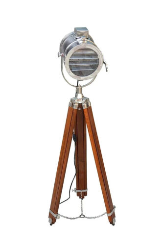 Lámpara de pie cromada con trípode de madera hecho a mano reflector náutico p... - Imagen 3 de 3