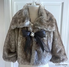 Jolt Faux Fur Jacket Brown Small Collared Open Cropped Shawl 3/4 Sleeves Lined