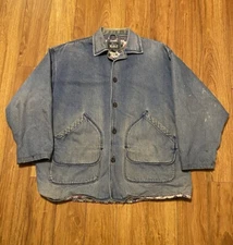 Vintage 80s Woolrich BLUE Denim Chore Coat Wool Lined Jacket USA Aztec Lined XL