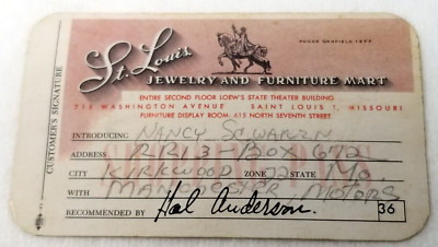 St. Louis Jewelry and Furniture Mart Charge Card 1950 Loew's State Theater