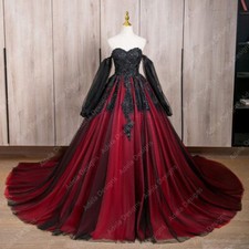 Black Red Floral Lace Gothic Wedding Dresses With Detachable Long Sleeves