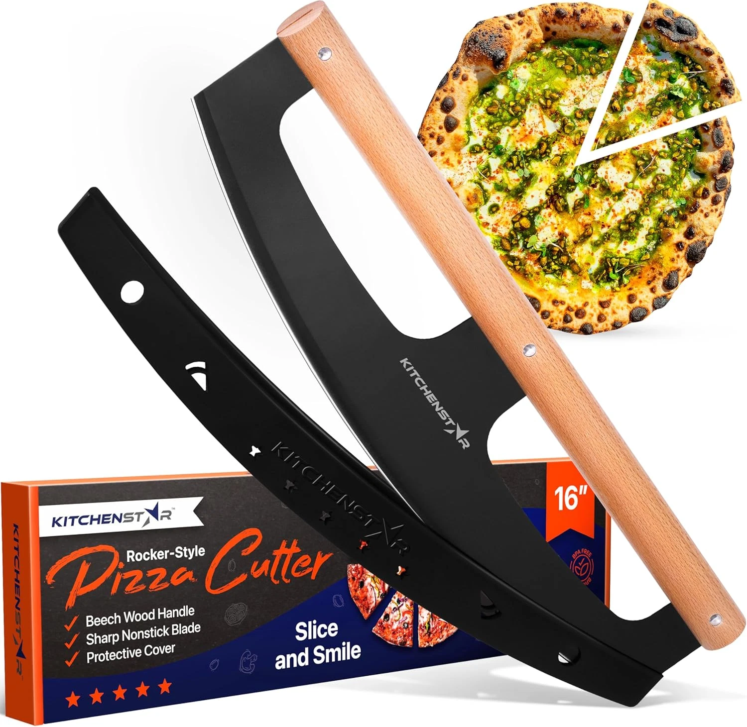 16" Pizza Cutter Rocker-Razor Sharp Stainless Steel Slicer Knife w/ Wooden Handl
Opens in a new wind