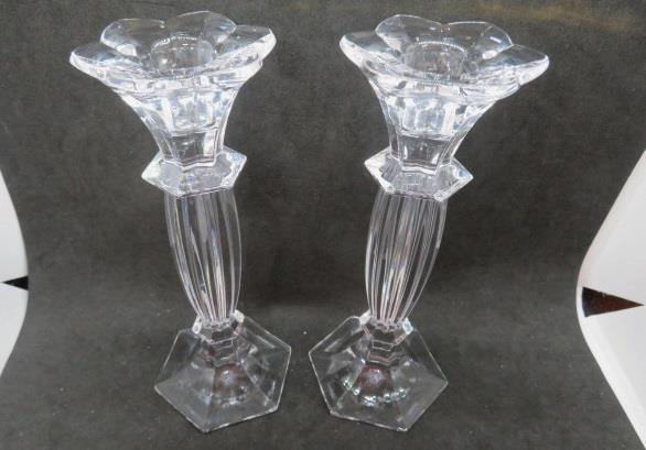 Pair of Crystal Candleholders/Candlesticks with Flower-Shaped Tops