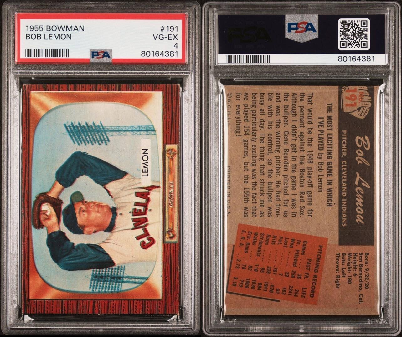 Bob Lemon #191 - 1955 Bowman - PSA 4 VG-EX
