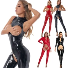 Women's Crotchless Jumpsuits Open Cup Bodycon Catsuit PVC Leather Slim Bodysuit