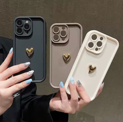 3D Gold Heart Silicone Soft Phone Case For iPhone 15 14 13 12 11 16 pro,Max XS X