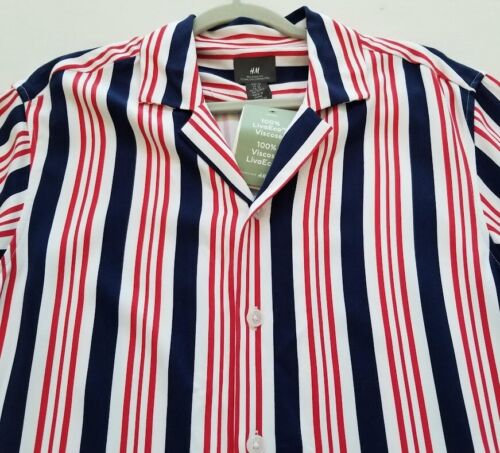 NEW H&M Button Up Shirt Men’s Extra Small XS Blue Red Striped Short Sleeve Relax - Imagen 2 de 10
