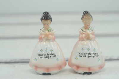 Vintage Enesco Salt Pepper Shakers Praying Girl Give Us This Day Our Daily Bread