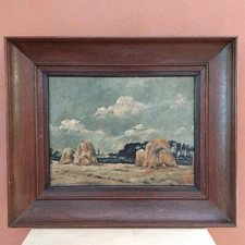 Rural Landscape with Haystacks – Antique Belgian Oil Painting Farm Scene Art