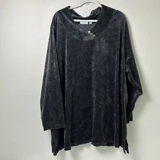 Denim & Co Active Velour Tunic Top Size 5X Black Button Collar Pullover A371431