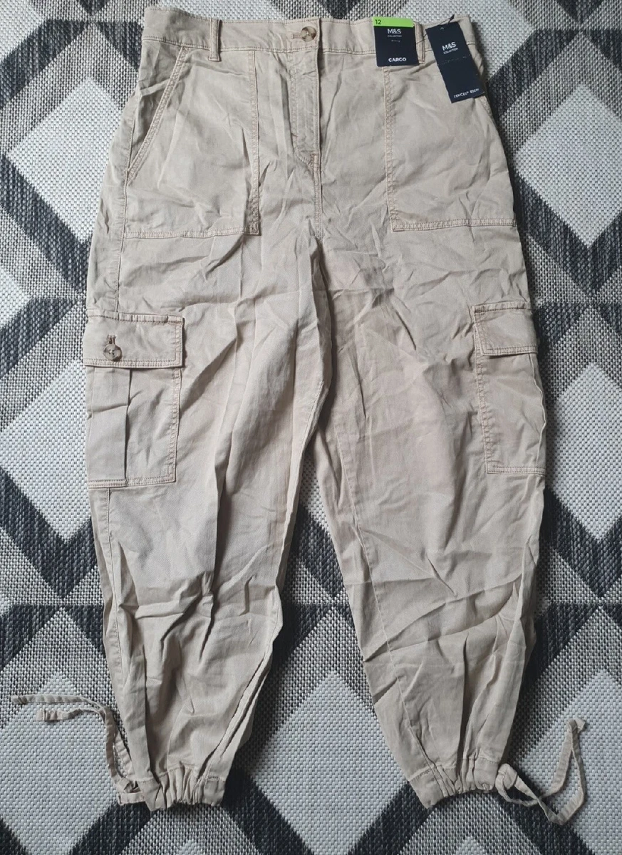 New M S Ladies Coffee Beige Tencel Rich Cargo Trousers Size UK 12