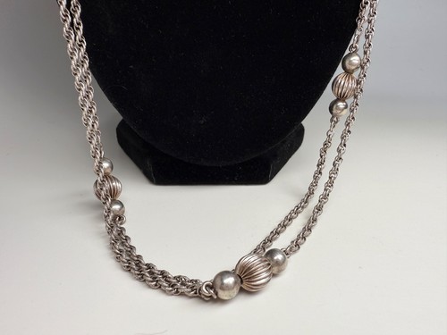 Antique Sterling Silver Stamped Link 55 Inch Rope Guard Chain With Fluted Beads - Picture 6 of 7