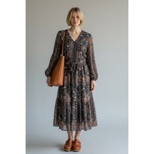 Julia Jordan Chiffon Maxi Dress Long Sleeve Pleated Paisley Boho Size 6