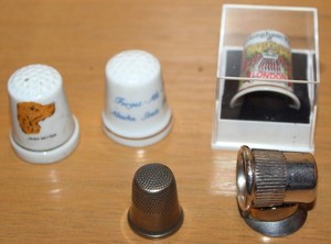 5 Vintage-Thimbles-3 Porcelain-2 Silverplate-Panning for Gold-Dog-Flower-+2