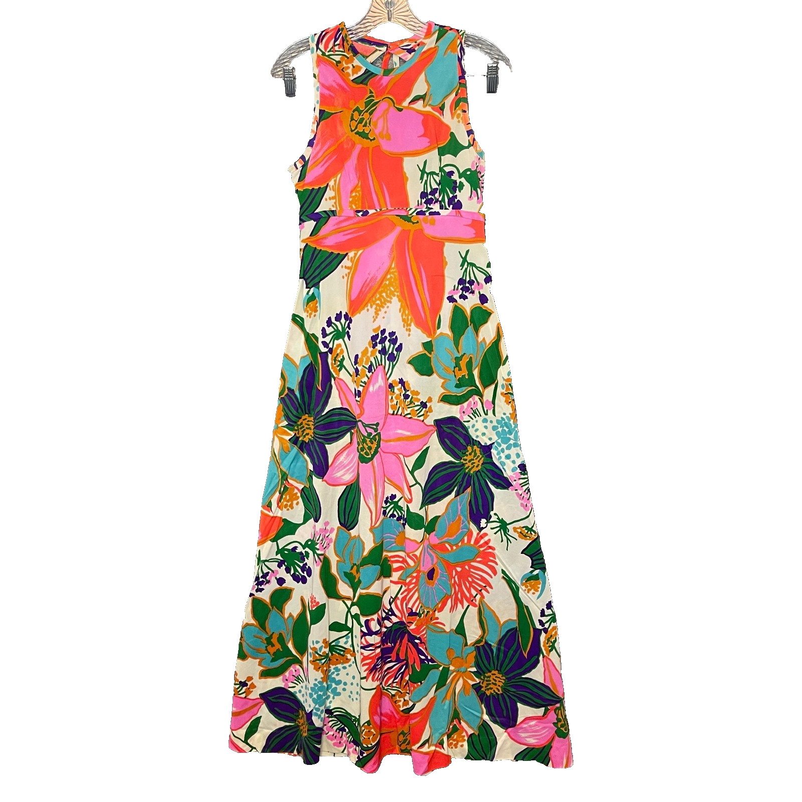 Vtg Junior Aim Juniors Colorful Floral Tropical Retro Cut Out Back Maxi Dress S*