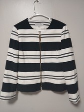 TAHARI Black White Striped Blazer Jacket Zipper Front Womens Size 10