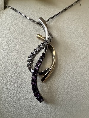 Jared Amethyst Diamond 10K Gold 925 Sterling Silver Pendant Necklace In Box
