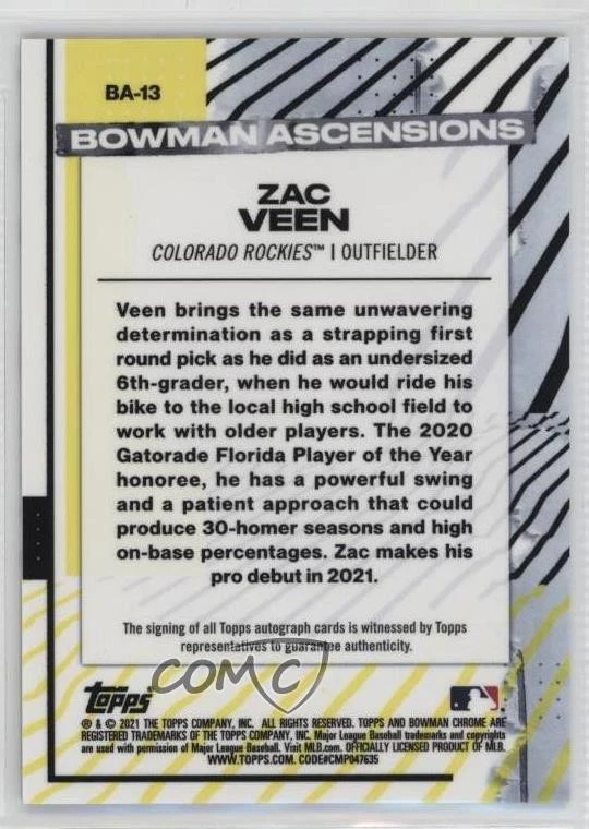 2021 Bowman Chrome Bowman Ascensions Auto /121 Zac Veen #BA-13 Auto - Image 2 of 2