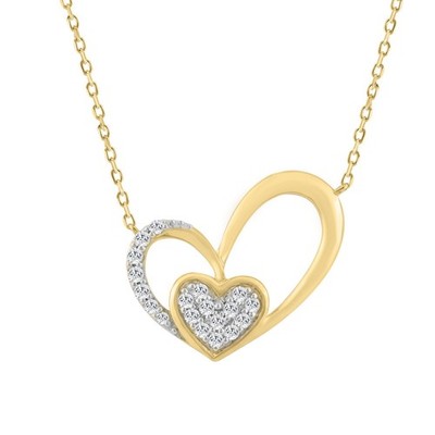 0.15Ct Round Natural Diamonds 10K Yellow Gold Dual Heart Pendant Necklace