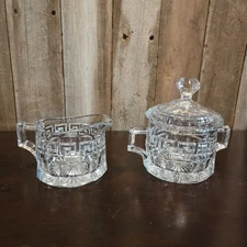 Heisey Greek Key Sugar Bowl with lid & Creamer Clear Glass Art Deco Holidays EUC