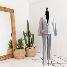 Etcetera Pinstripe 6 Blazer  4 Straight Leg Slim Pant Suit Set White Blue