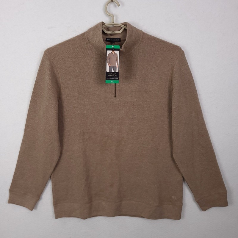 Banana Republic Waffle Quarter Zip Pullover Mens XL Tan Mock Neck Sweater NEW