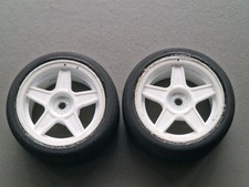 pair of Tamiya M-Chassis 27 shore compound Tyres + inners on white Cross wheels