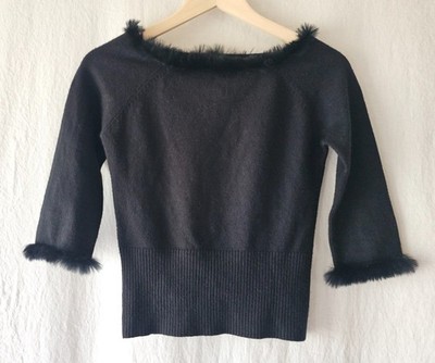 Black knit sweater faux fur trim some ribbed texture Medium