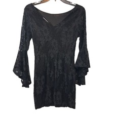 Lulus Little Black Dress Floral Lace Lined Size Small Fluted Sleeves Whimsigoth