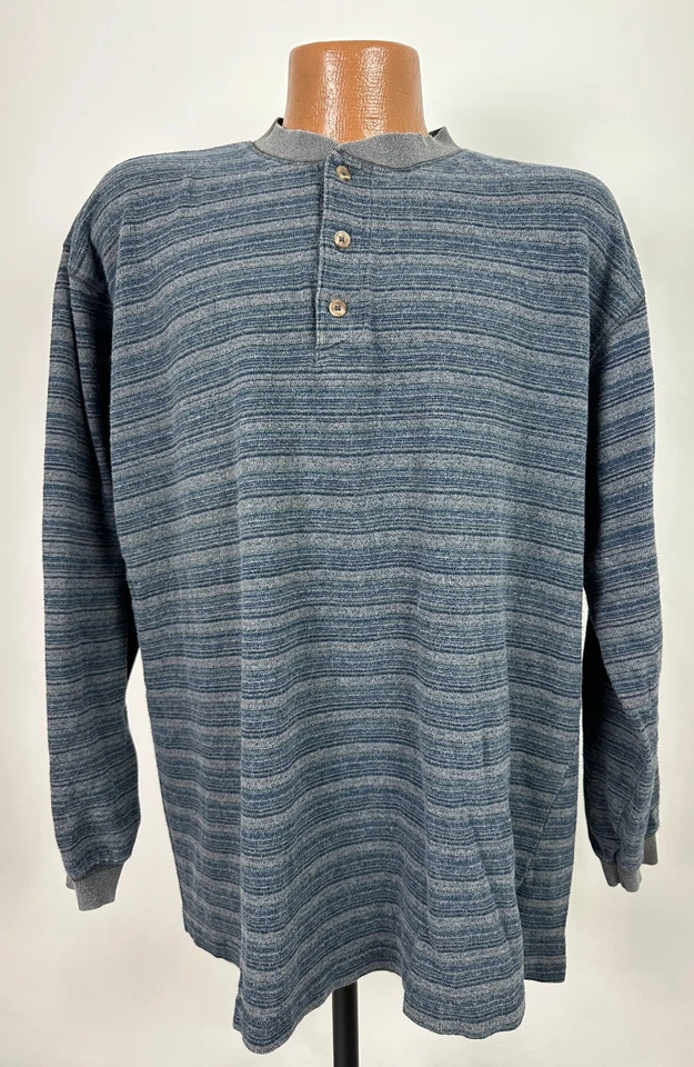Camisa De Colección Años 90 Eddie Bauer Henley Hombres XL Algodón Pesado Gris Azul Rayas EE. UU. Foto 2 de 4