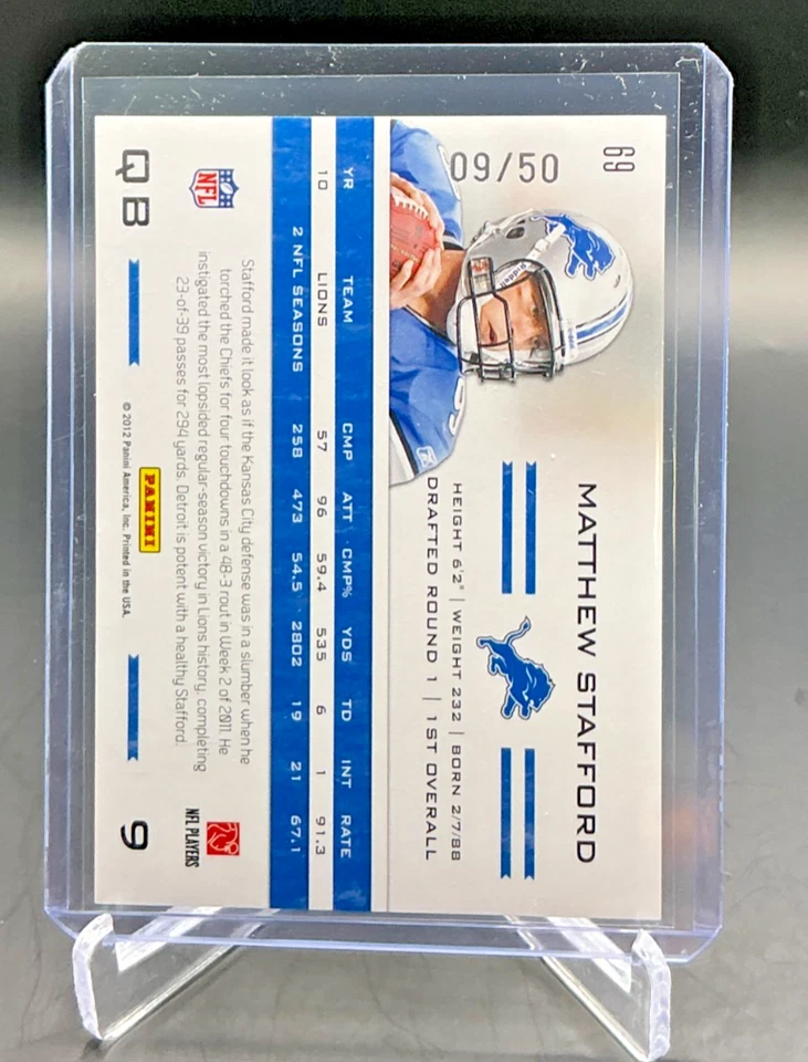 2012 Totally Certified MATTHEW STAFFORD Blue Jersey Match 09/50 #69 Lions - Image 2 of 2