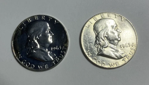 Lot of 2 1963 Franklin Half Dollars, one proof and one 1963-D Business strike.