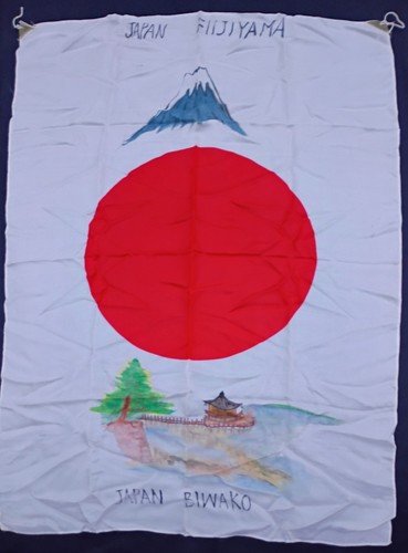 Original Japanese Silk Souvenir Flag Hand Painted Mt Fuji Lake Biwa 23x36