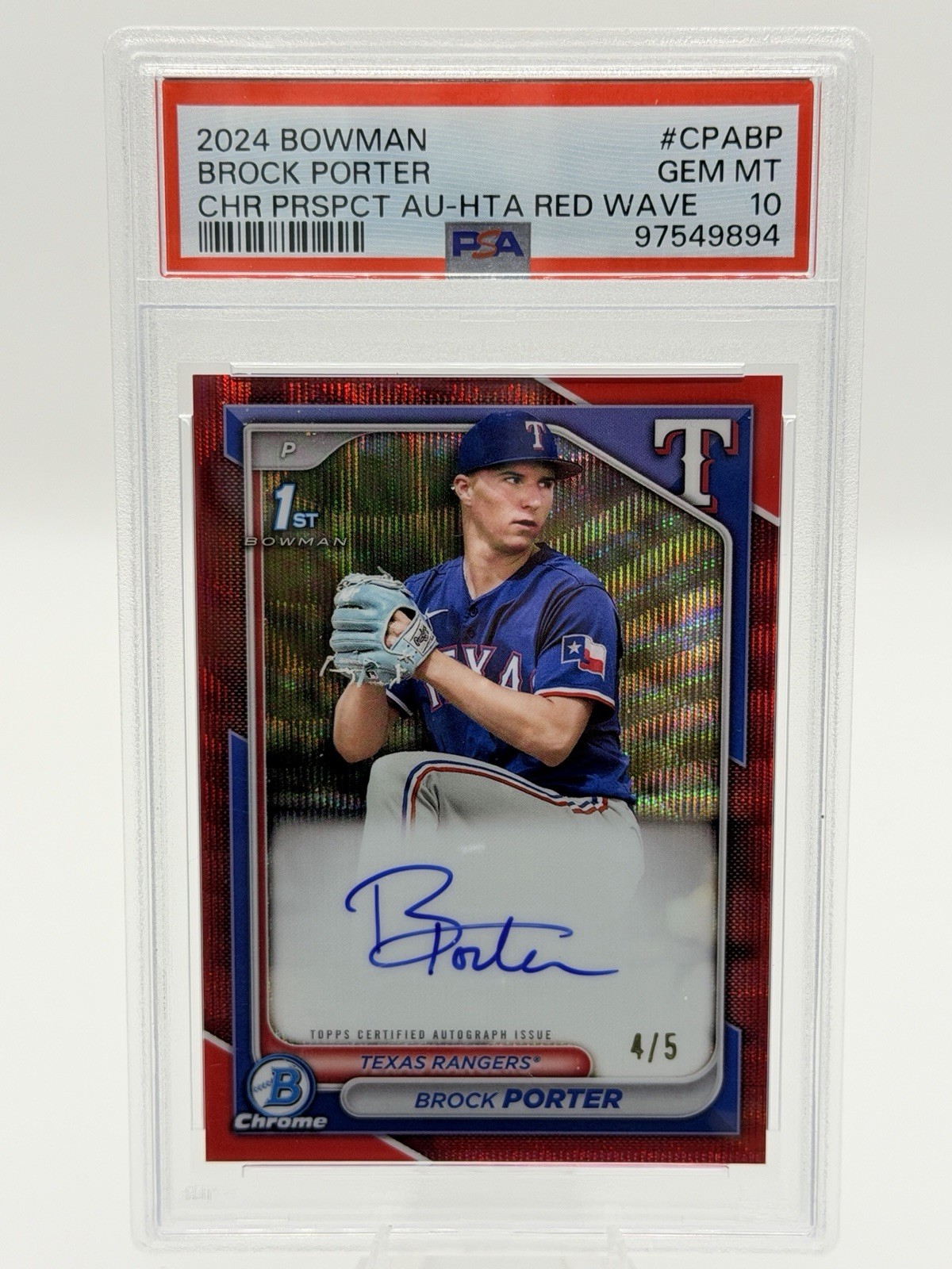 2024 BOWMAN CHROME BROCK PORTER 1ST BOWMAN RED WAVE AUTO /5 PSA 10 RANGERS 🔥