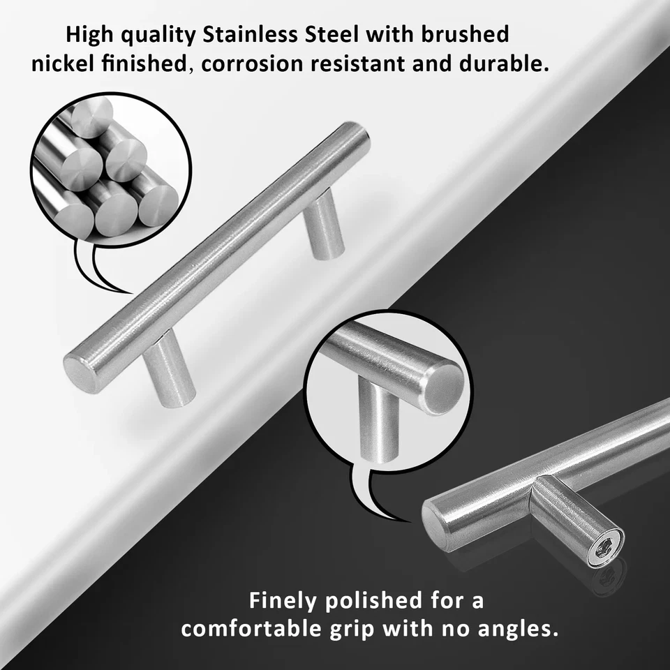 Paquete de 30 tiradores de gabinete de cocina de níquel cepillado cajón de acero inoxidable manijas de barra en T Foto 3 de 4