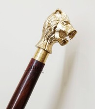 Victorian Wooden Cane with Gold Finish Lion Face Handle Classic Walking Stick
