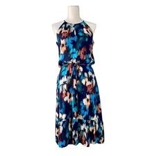 Simply Vera Wang Sleeveless Boho Hi-low Dress Blue Printed Pleats, Size Medium
