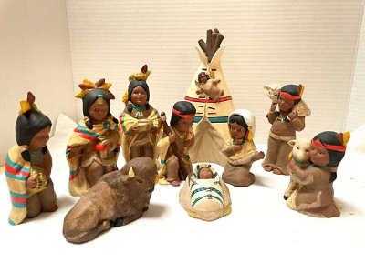 Vintage Native American Theme Mold Ceramic Nativity Detailed Hand Painted 10 pc