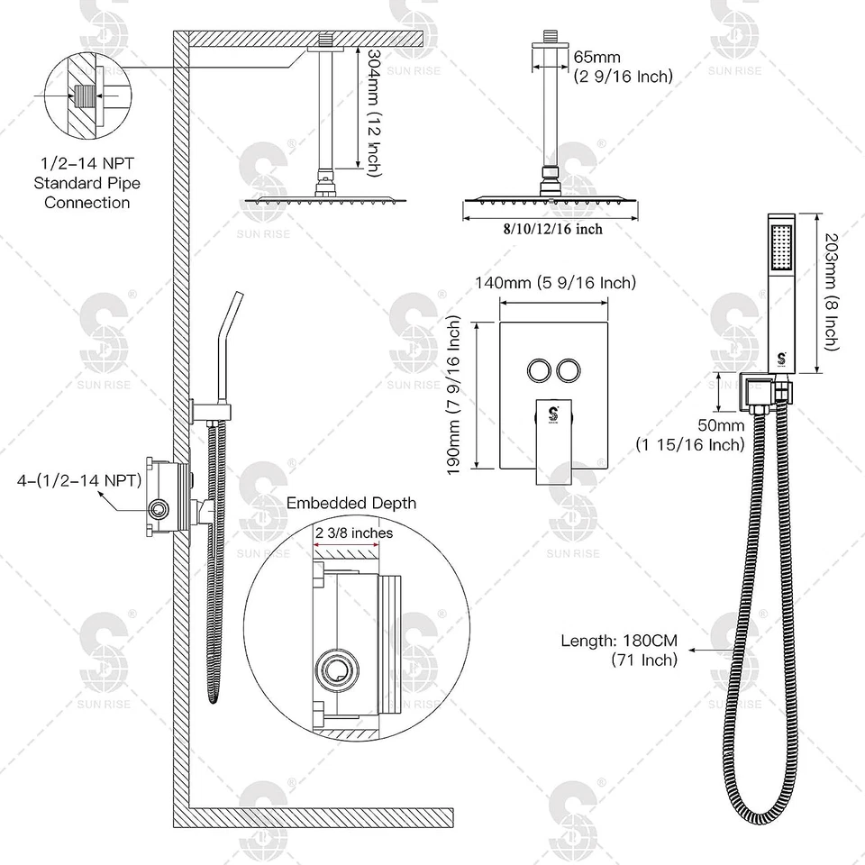 Ceiling Mount Shower Faucet Set Rainfall Shower Head Combo System w/ Mixer Valve - Image 3 of 4