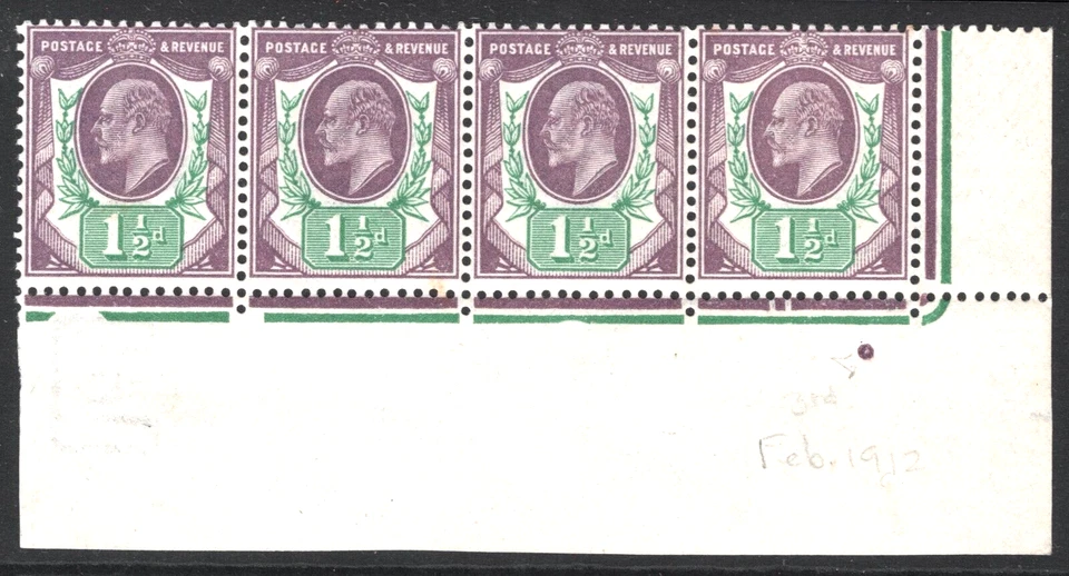 GB KEVII SG Spec M10(8) 1½d Pale Slate-P' (F) (1912) SOM Corner Strip MNH SS3213 - Image 2 of 4