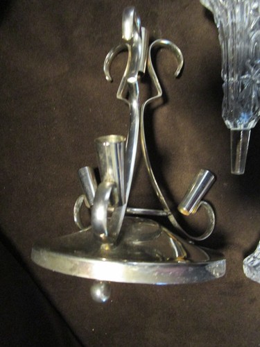 Trombe vintage Art Nouveau inglese placcato argento Epergne 4 cristalli 1900 - Foto 12 di 15