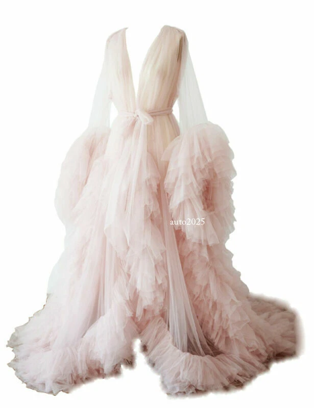 Lady Dress Gown Perspective Sheer Long Robe Puffy Tulle for Maternity Photoshoot - Image 3 of 4