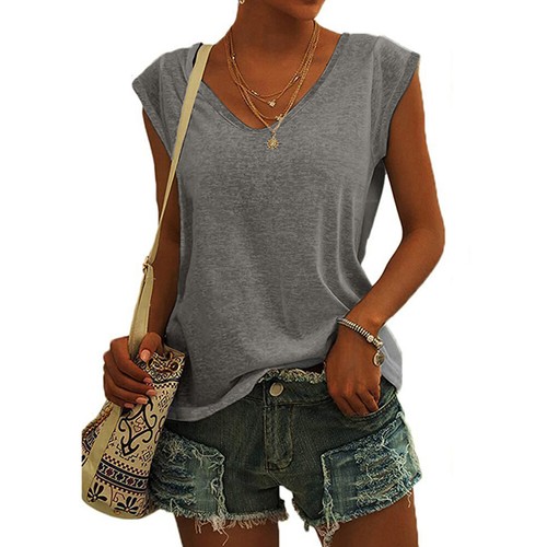 Womens V-Neck Tank Tops Summer Sleeveless Casual Loose Plain T-Shirt Cami Vest - Picture 22 of 24