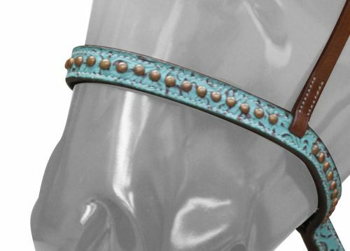 TIE DOWN 3/4" Adjustable TEAL FILIGREE Leather 1" Copper Studded Noseband - Picture 2 of 2