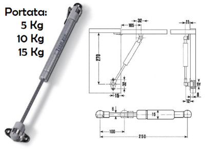 Pistone A Gas Per Ante Mobili | Apertura Verso Il Basso | Interasse 247mm | Forza 8Kg | Con Ganci E Viti