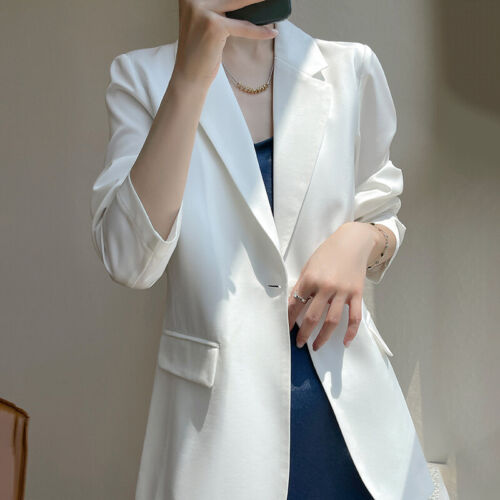 Women Mulberry Silk Satin Coat Button Mid-Length Lapel Long Sleeve Loose Jackets - Picture 8 of 19