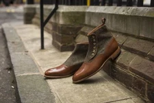 Men Handmade Boots Ankle High Burgundy Leather Tweed Formal Casual Dress Shoes