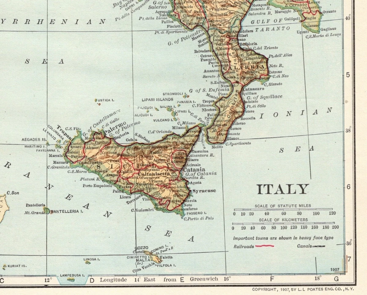1907 Antique MAP of ITALY Vintage Italy Atlas Map Gallery Wall Decor 850