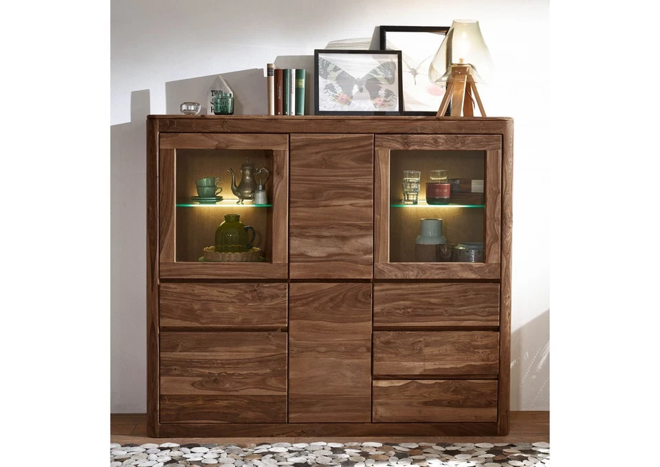 Highboard Wohnzimmerschrank Vitrine - m. Glasböden - Massivholz Sheesham 166x145 - Bild 3 von 4